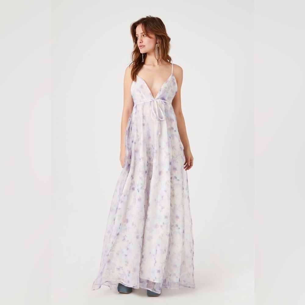 New Forever 21 Organza Elegant Purple Lavender Sheer Floral Print Maxi Dress